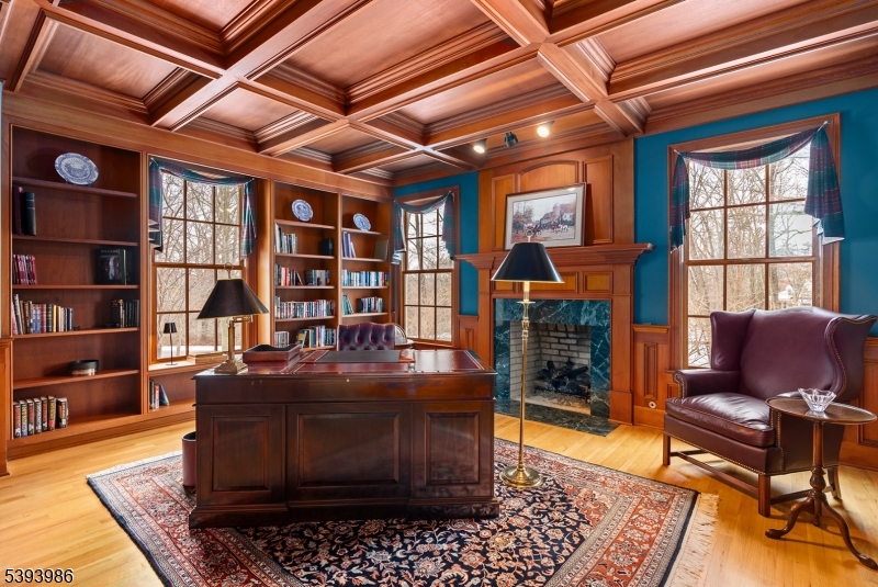 Private Office Coffered Ceiling, Custom Built-In Cabinetry, Fireplace