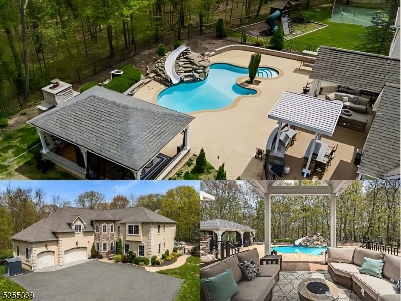POOL WITH SLIDE, PAVILION & A FIREPLACE, PATIO WITH OUTDOOR KITCHEN, PLAYGROUND & MULTI-SPORT COURT