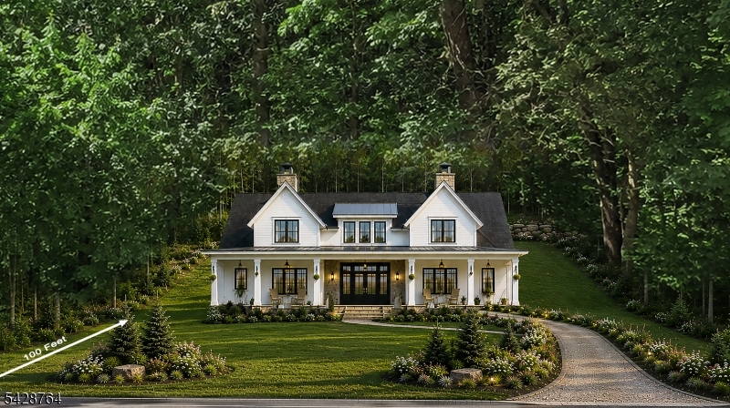 AI Rendering #1 This AI photo shows approxmately how the modern farmhouse will look on the lot. The front of the home will be approximately 100 feet from the street. The back and sideyards will be level with a rear 2.5 foot retaining wall made with natural stones from